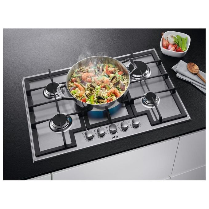 Aeg HGB75400SM Piano Cottura a Gas 75cm 5 Bruciatori 1 Bruciatore Wok Tripla Corona Inox con Cruscotto Comandi in Cristallo
