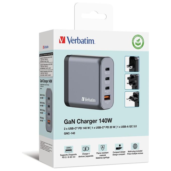 Verbatim 32203 GNC-140 Caricatore Universale Interno 140 W con 3 Porte USB-C GaN Tecnologia Ricarica Rapida PD 3.1 PPS Quick Charge 3.0 colore Nero Grigio