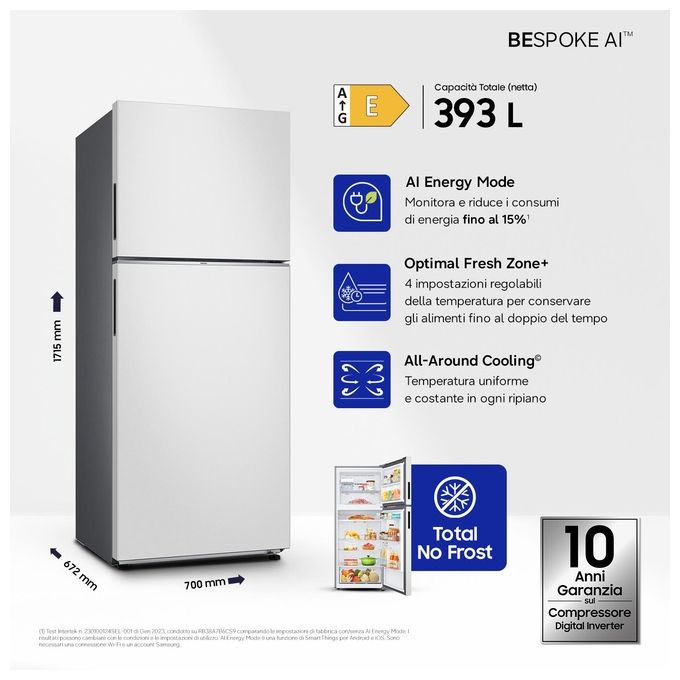 Samsung RT38CB6624C1ES BESPOKE AI Frigorifero Doppia Porta 393 L 171.5 cm Classe E 39 dB No Frost Wi-Fi colore Cotta White