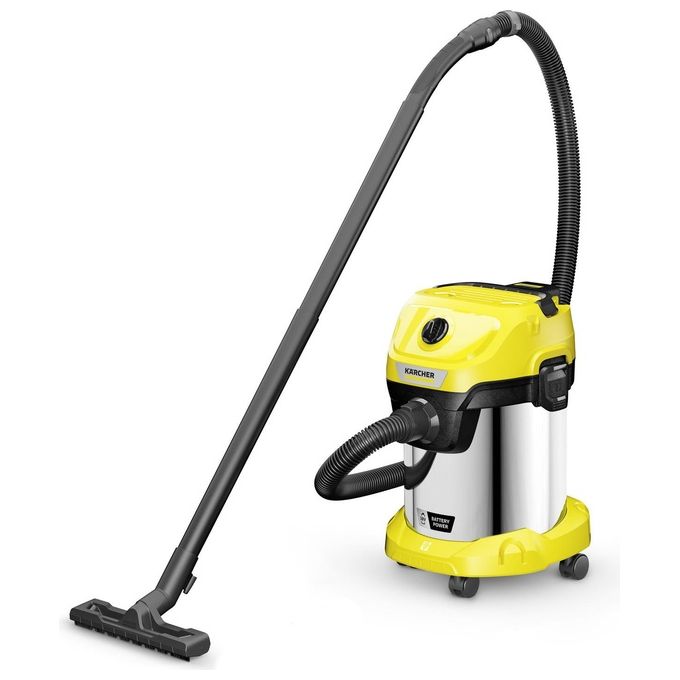 Kärcher WD 3-18 Aspirapolvere a Cilindro Secco e Bagnato 18V 5Ah 17 L 225 W Senza Fili IPX4 colore Giallo Acciaio Inox