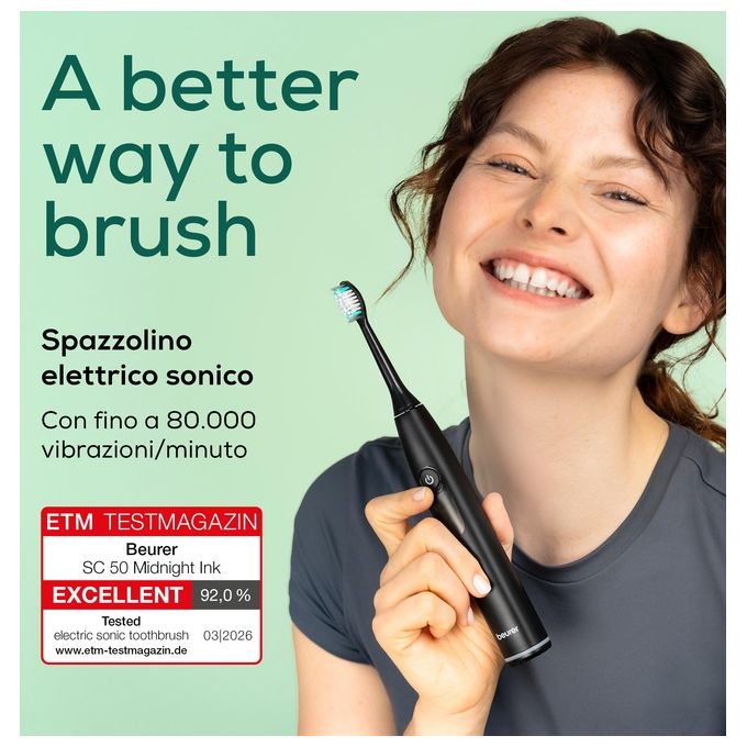 Beurer 10490 SC 50 Spazzolino elettrico sonico 5 modalita' Timer 30 sec autonomia 22 giorni colore Nero