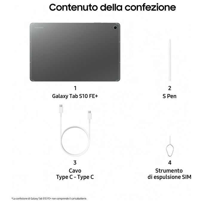 Samsung SM-X620NZAPEUE Galaxy Tab S10 FE+ Tablet Android 13.1'' WiFi 6 Exynos 1580 12GB RAM 256GB S Pen IP68 colore Grigio