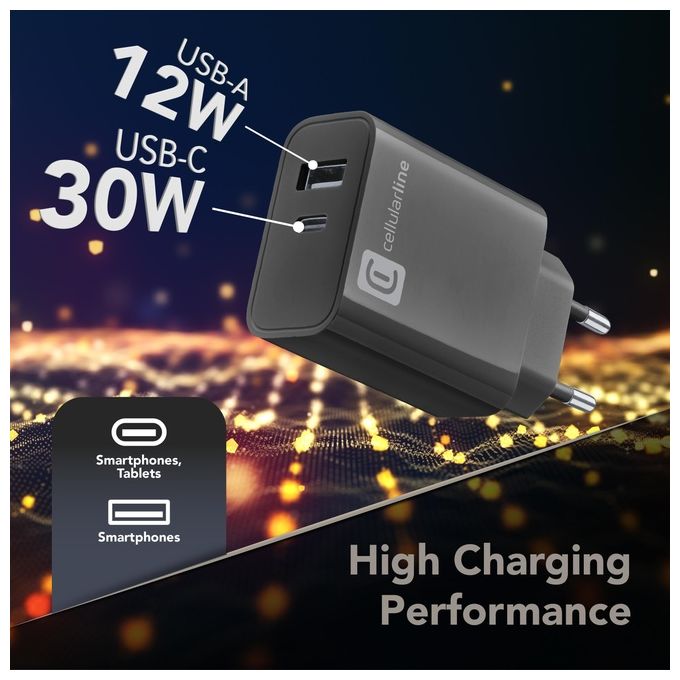 Cellularline ACHUSB2PD32WK MULTIPOWER PD 32W Caricabatterie da Rete con USB-C 20W e USB-A 12W colore Nero