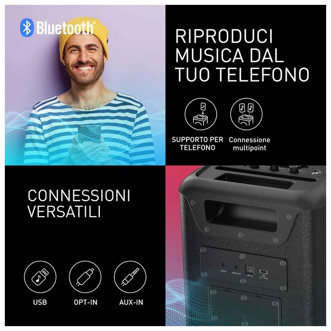 Panasonic SC-BMAX10E-K Altoparlante Portatile Bluetooth 150W 4 Altoparlanti Batteria 15h Radio FM Display LCD Luci LED colore Nero