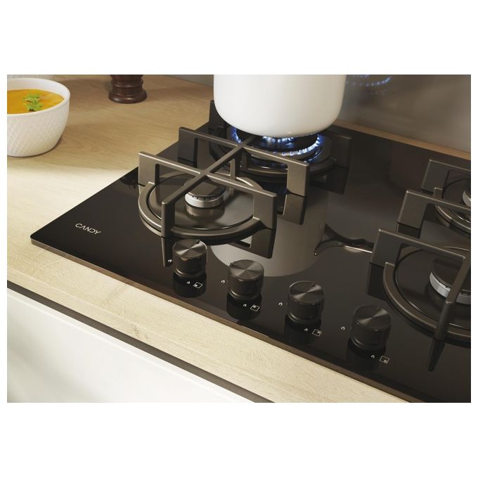 Candy CVG6BR4WTB Moderna Piano cottura a gas 60 cm 4 fuochi Vetro temperato Griglie lavabili in lavastoviglie colore Nero
