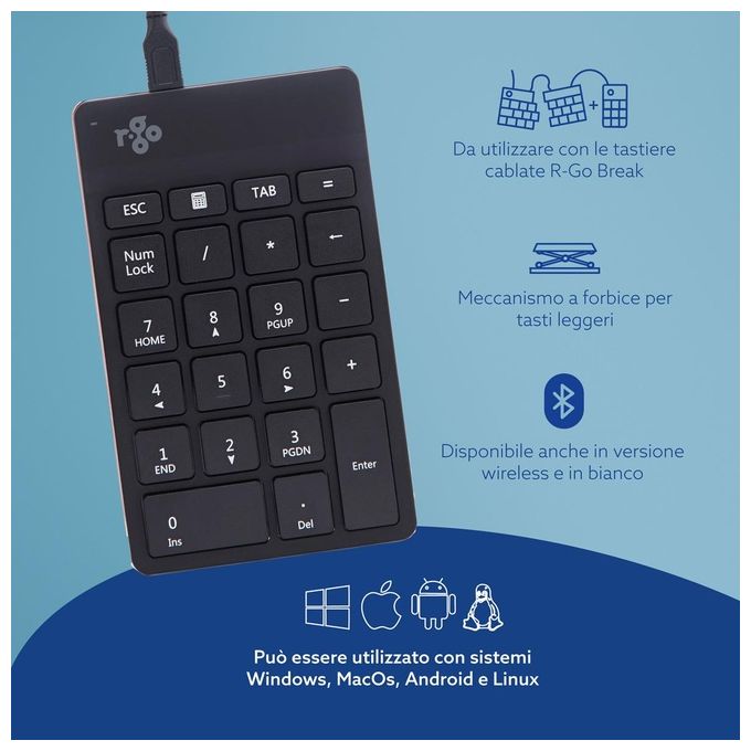 R Go Tools RGOCONMWDBL Tastierino Numerico USB Ergonomico Ultra Sottile con Indicatore di Pausa LED Colore Nero