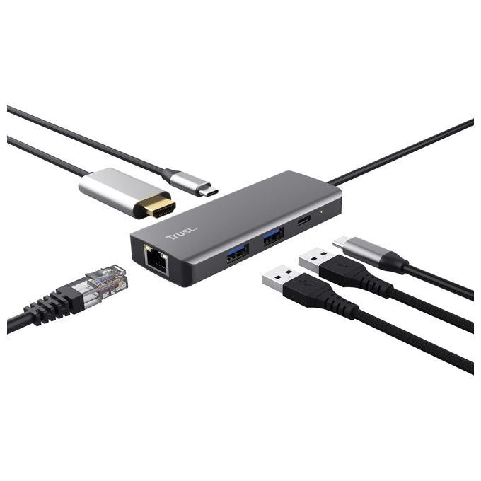 Trust 24968 Dalyx Adattatore Multiporta USB-C 6 in 1 HDMI 4K 60Hz Gigabit Ethernet 2 USB-A 2 USB-C 100W colore Argento