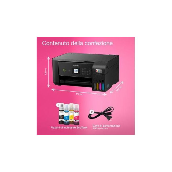 Epson C11CJ66421 EcoTank ET-2870 Stampante Multifunzione Inkjet A4 Stampa Copia Scansione Wi-Fi 10 ppm colore Nero