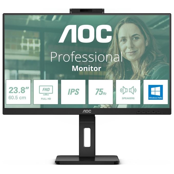 AOC 24P3CW Monitor PC 23.8'' IPS Full HD 1920x1080 100Hz USB-C 65W Webcam 5MP Hub USB LAN colore Nero