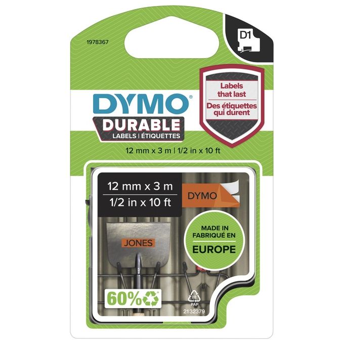 DYMO d1 Durable 12 mm x 3 m nero Arancione Permanente