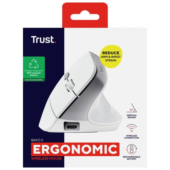 Trust BAYO II Mouse Ergonomico Verticale Wireless RF Ottico 2400 DPI Ricaricabile USB-C colore Bianco