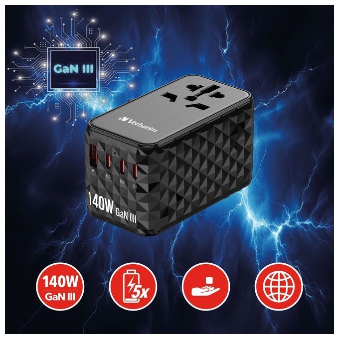 Verbatim 32125 GaN III Caricabatterie Universale da Viaggio 140W 4 Porte USB-C USB-A Power Delivery 3.1 Quick Charge 4+ colore Nero
