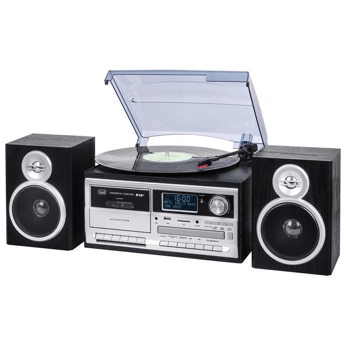 Trevi 0T107200 TT 1072 DAB Giradischi Stereo All-in-One 25W Vinile 33 45 78 rpm CD USB Cassette Bluetooth Radio DAB colore Nero