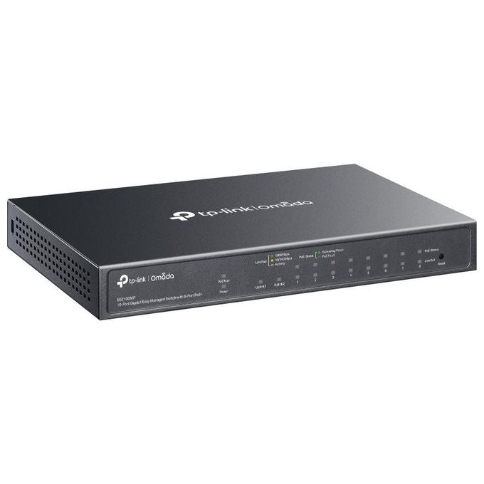 TP-Link ES210GMP Omada Switch Gestito 10 Porte Gigabit 8 Porte PoE+ 123W Budget 20 Gbps Fanless colore Nero