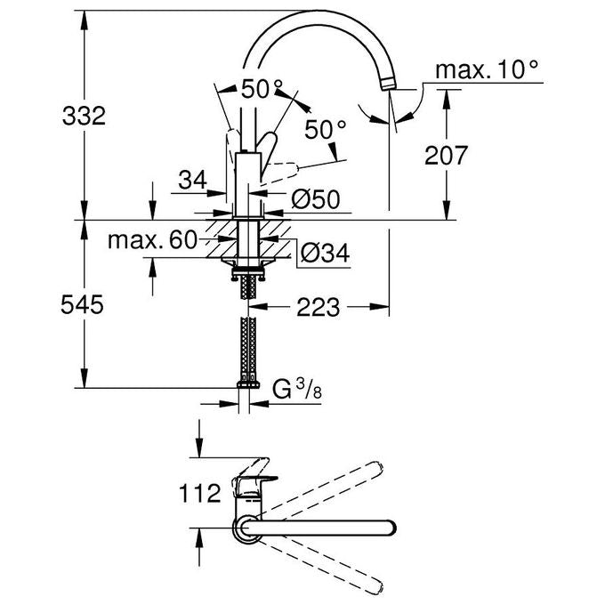 Grohe 31554001 Start Curve Miscelatore Mono Splitcomando per Lavello cucina con bocca alta girevole 360° QuickFix Plus Conduttura dell'acqua all'interno - senza nichel e piombo ‎Cromo