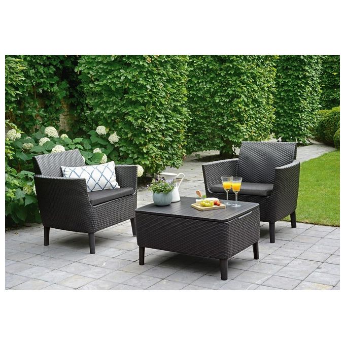 Keter 236631 Salemo Set da Balcone 2 Poltrone con Cuscini e Tavolino Contenitore in Resina colore Grafite