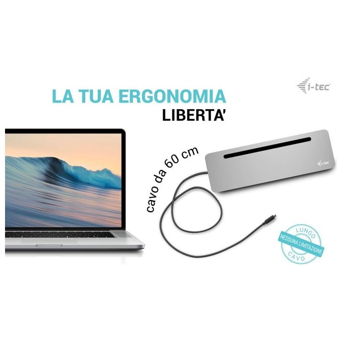 I-tec C31FLAT2PDPRO USB-C Metal Ergonomico 3x 4K Display Docking Station Power Delivery 100 W 4 porte USB 3.2 Gigabit Ethernet colore Argento