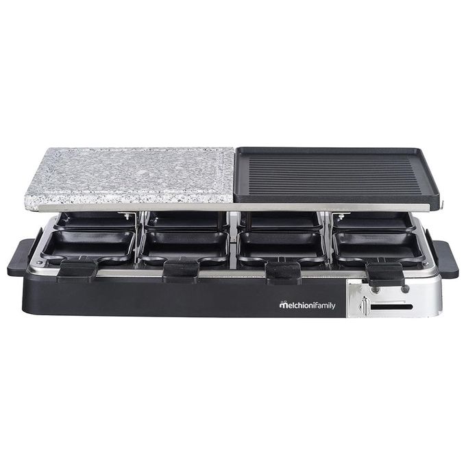 Melchioni 118380036 Olimpia Set Piastra e Pietra Raclette 8 Vaschette 1200W Termostato Regolabile colore Nero