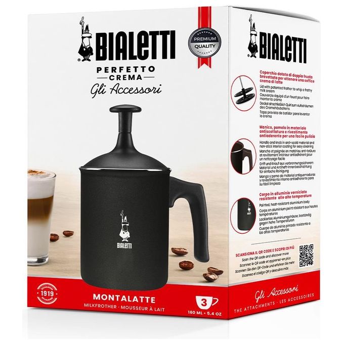 Bialetti Tutto Crema Schiumalatte da 3 Tazze con Colino Doppio per una Schiuma Robusta 0,5Lt Nero