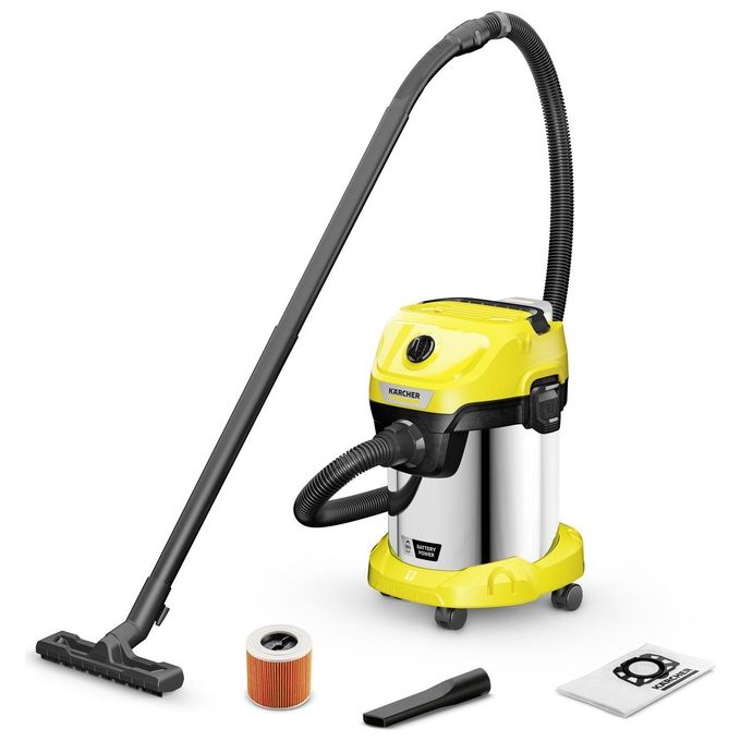 Kärcher 1.628-575.0 WD 3-18 S Aspirapolvere Cilindro Senza Sacchetto 17 L 225 W Batteria 18 V colore Nero Acciaio inox Giallo