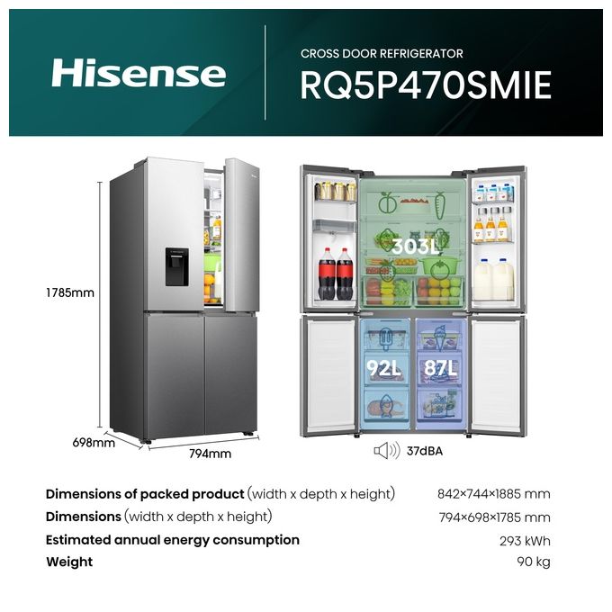 Hisense RQ5P470SMIE Frigorifero 4 Porte 460 L 178 cm Classe E 37 dB Total No Frost Wi-Fi Dispenser Acqua colore Inox