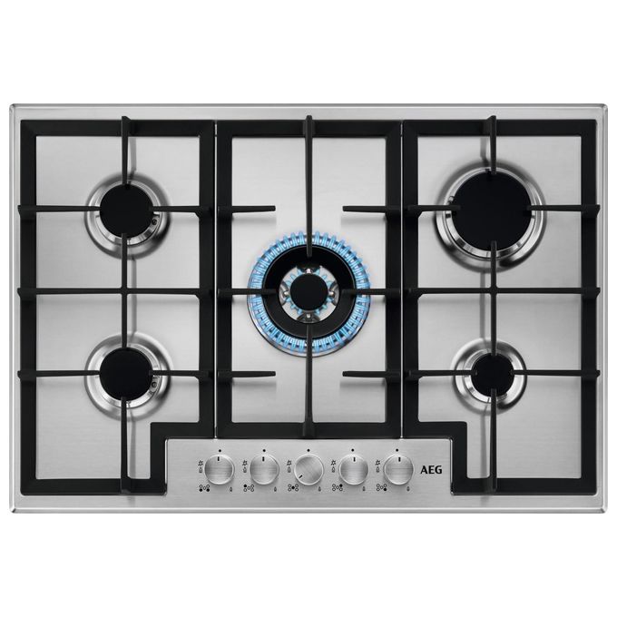 Aeg HGB75400SM Piano Cottura a Gas 75cm 5 Bruciatori 1 Bruciatore Wok Tripla Corona Inox con Cruscotto Comandi in Cristallo