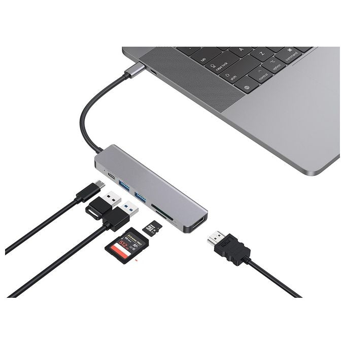 Conceptronic DONN02G Hub USB-C 6 in 1 HDMI 4K 2x USB-A 3.0 USB-C PD 60W Lettore SD microSD colore Alluminio