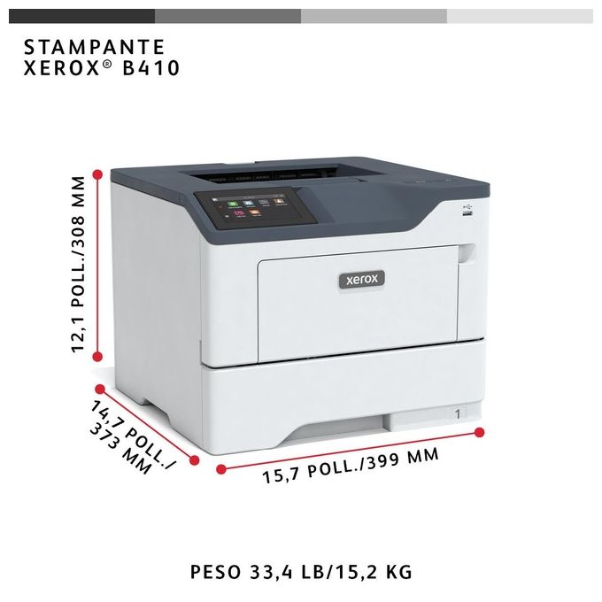 Xerox B410V_DN Stampante Laser Monocromatica A4 47 ppm Fronte-Retro Automatica 2 Vassoi Totale 650 Fogli Colore Grigio Bianco