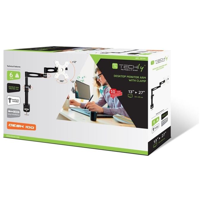 Techly ICA-LCD 502BK Supporto da Scrivania per Monitor 13-27'' Braccio Lungo Inclinabile