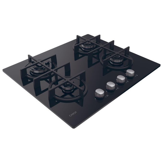 Candy CVG6B New Timeless Piano cottura a gas su vetro 60 cm 4 fuochi griglie in ghisa manopole inox colore Nero
