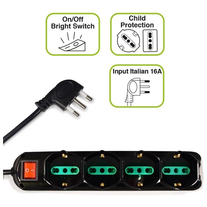 Tecnoware Power Systems Multipresa Power Cleaner 12 4 Uscite Schuko-Italia 8 Uscite Italia 10-16A Interruttore Luminoso 1.5mt Nero