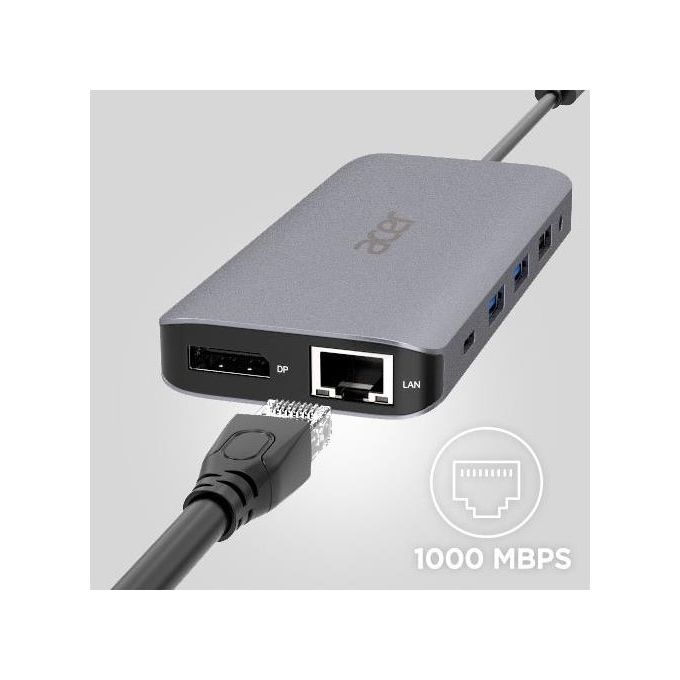 Acer HP.DSCAB.009 12-in-1 Type-C Dongle Multiporta con 2 HDMI 2 USB 3.2 Gen 1 2 USB 2.0 DisplayPort Ethernet Gigabit Lettore SD-MicroSD Uscita Audio 3.5 mm Power Delivery 100 W colore Argento