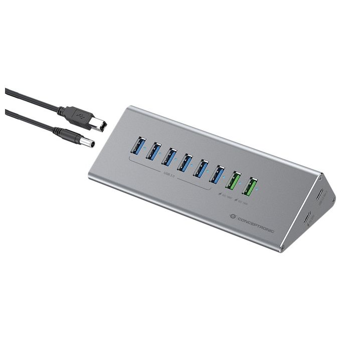 Conceptronic HUBBIES18G Hub Charger Combo USB 3.2 Gen 1 10 in 1 60 W con 6 Porte USB-A 3.0 1 Porta USB-C 3.0 2 Porte Ricarica USB-A 1 Porta Ricarica USB-C Cavo ibrido 2 in 1 incluso colore Grigio