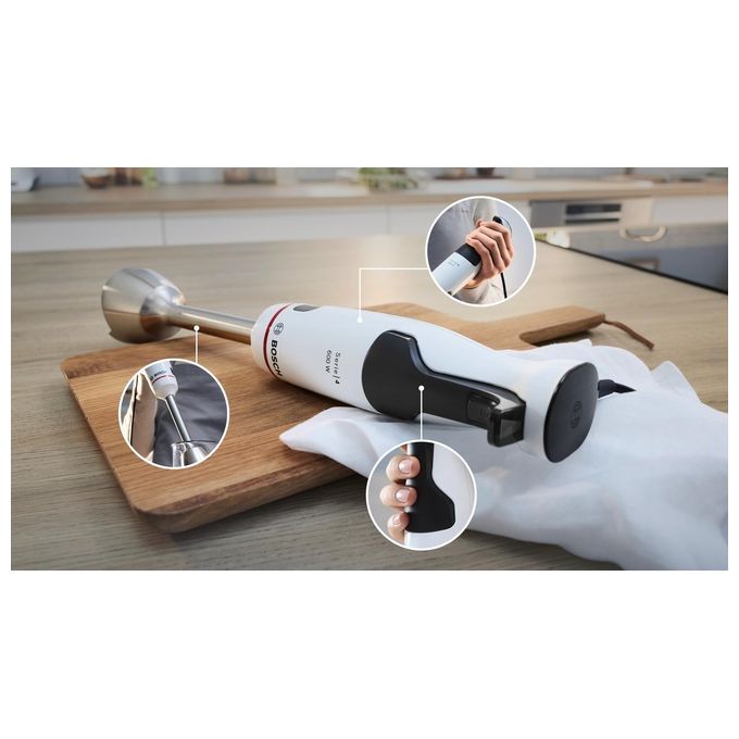 Bosch MSM4W210 Serie 4 ErgoMaster Frullatore a Immersione 600 W 4 Lame Acciaio Inox Impugnatura Ergonomica colore Bianco