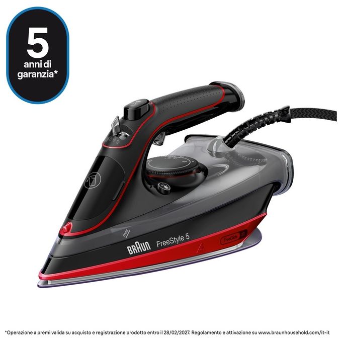 Braun SI5057RD FreeStyle 5 Ferro da stiro a vapore 2700W piastra SuperCeramic FreeGlide 3D 300 ml 50 g-min colore Nero Rosso