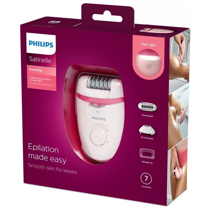 Philips BRE285-00 Satinelle Essential Epilatore Compatto con Filo Opti-light 2 velocita' 7 accessori colore Rosa