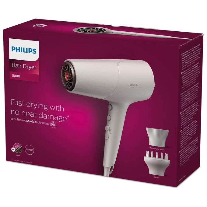 Philips BHD501-20 5000 Series Asciugacapelli 2100W Motore DC ThermoProtect 4x Ionic Care 6 Impostazioni Concentratore Diffusore colore Bianco
