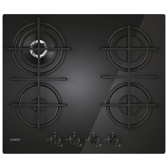 Candy CVG6BR4WTB Moderna Piano cottura a gas 60 cm 4 fuochi Vetro temperato Griglie lavabili in lavastoviglie colore Nero
