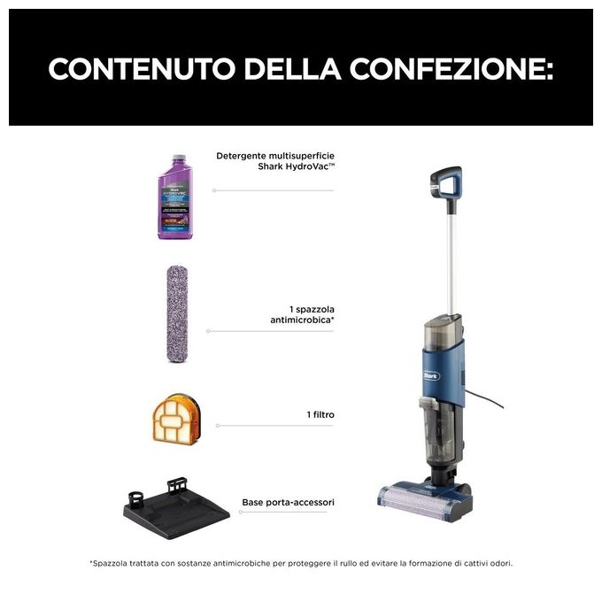 Shark WD100EU HydroVac Aspirapolvere e Lavapavimenti con Filo Spazzola Antimicrobica 170W 7,62m 82dB colore Blu Navy