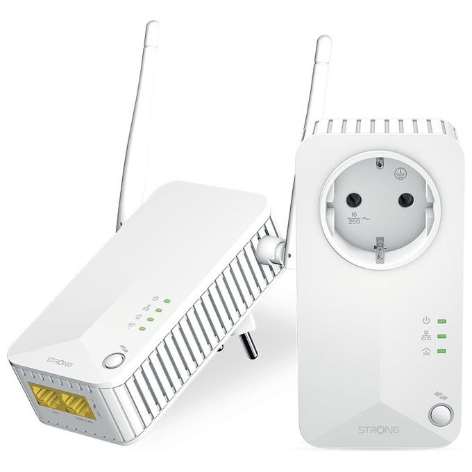 Strong POWERLWF600DUOEUV2 Kit Powerline Wi-Fi 600 Mbps HomePlug AV2 Pass-Through Wi-Fi 300 Mbps LAN 100 Mbps Plug and Play colore Bianco