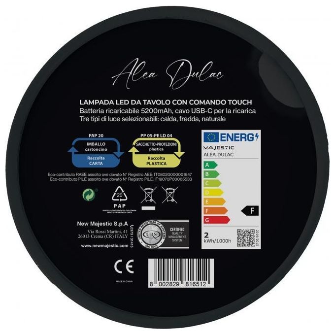 Majestic 120454 JW Lampada da Tavolo Ricaricabile Touch Luce LED Alea Dulac JW
