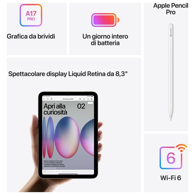 Apple MYGY3TY-A iPad mini Tablet Display Liquid Retina 8'' 512 GB Wi-Fi 6E Processore Apple A17 Pro colore Grigio siderale
