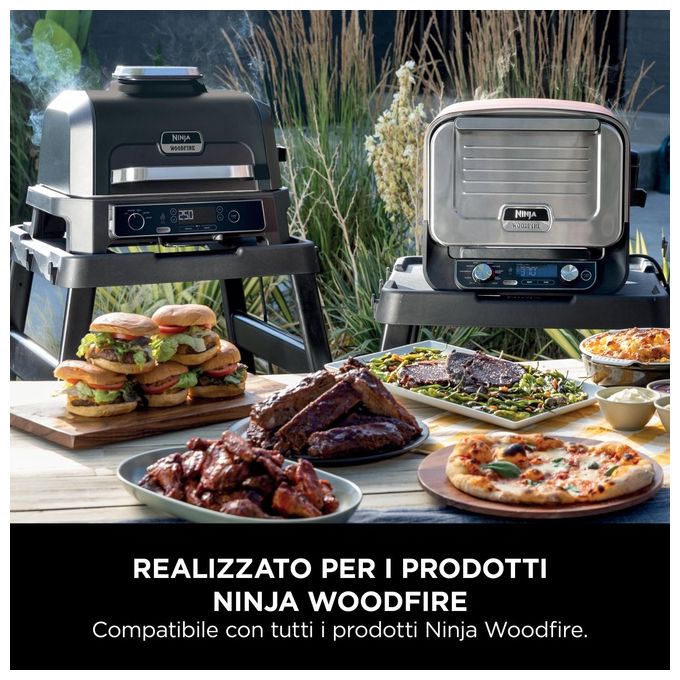 Ninja 4718J800EU Woodfire Supporto Regolabile e Tavolino Laterale Ripiano Forno da Esterno Griglia BBQ Ninja Woodfire Tavolo Carichi Pesanti Supporto Forno per Pizza Nero