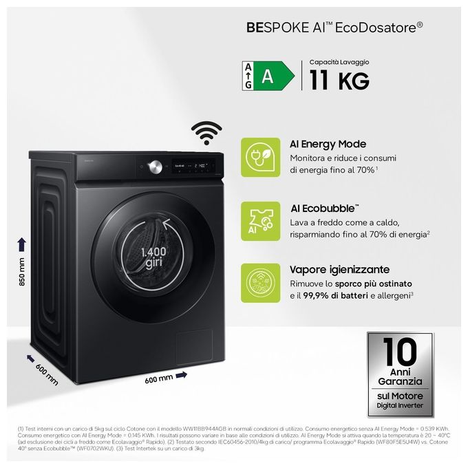 Samsung WW11DB7B94GBU3 BESPOKE AI Lavatrice Frontale 11 Kg 1400 rpm Classe A Ecodosatore Wi-Fi (85x60x60 cm) colore Nero