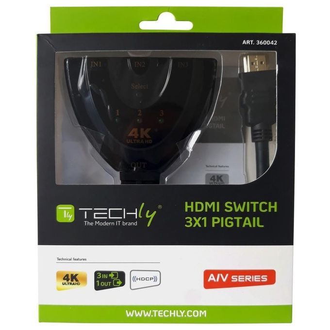 Techly 360042 Switch Hdmi 3x1 Pigtail 4K Nero