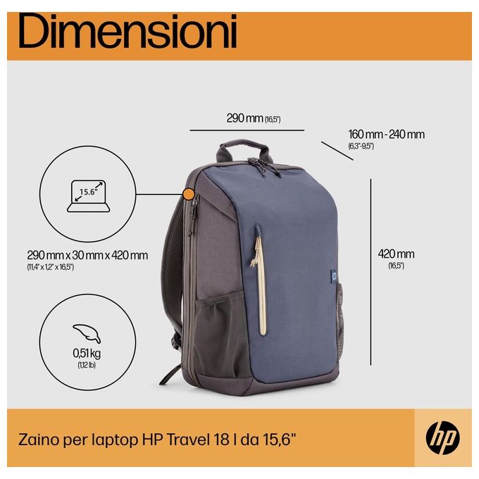 HP 6B8U7AA Travel Zaino per Laptop 15.6'' 18 L espandibile 21 L resistente all'acqua colore Blu