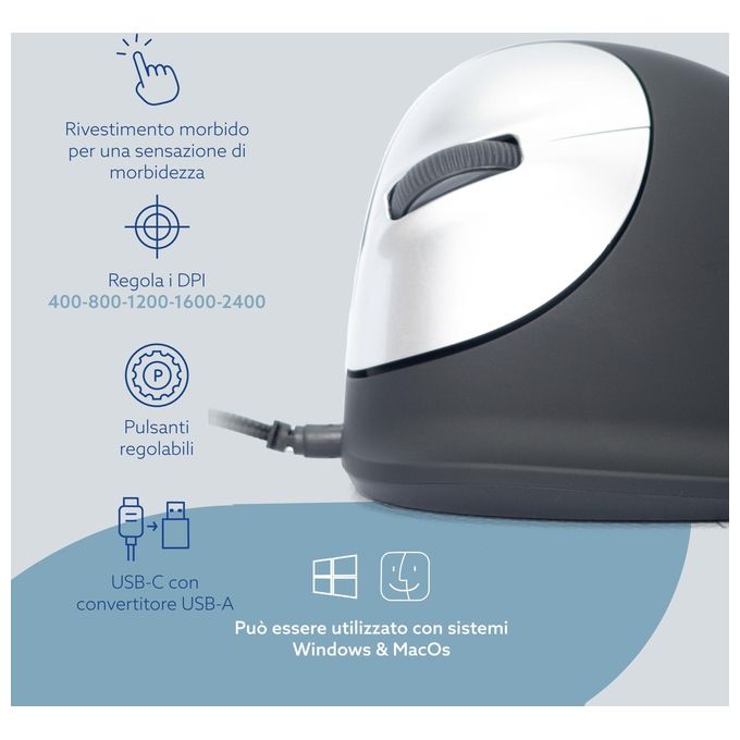 R Go Tools RGOHELE Mouse Verticale Ergonomico per Mancini con Cavo Risoluzione Regolabile fino a 2400 dpi 5 Pulsanti Programmabili USB Type-A colore Nero con Argento