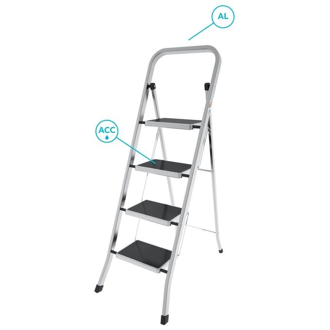 Colombo New Scal G110AT4W Factotum Sgabello Scala Pieghevole 4 Gradini Alluminio Antiscivolo Portata 150 Kg colore Argento