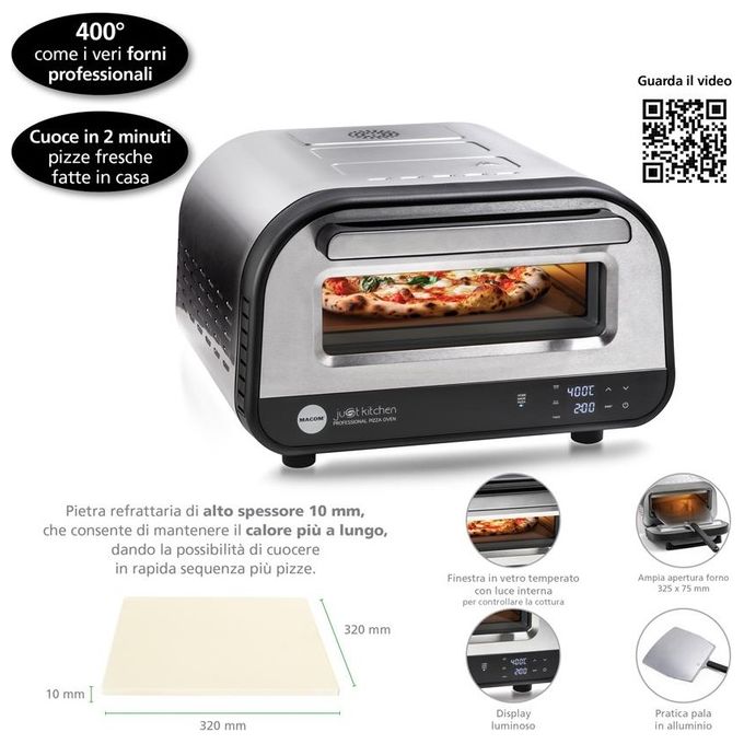 Macom 884 Just Kitchen Forno per Pizza Elettrico Pietra Refrattaria 32 cm 1700W 400°C Timer Digitale colore Nero Inox