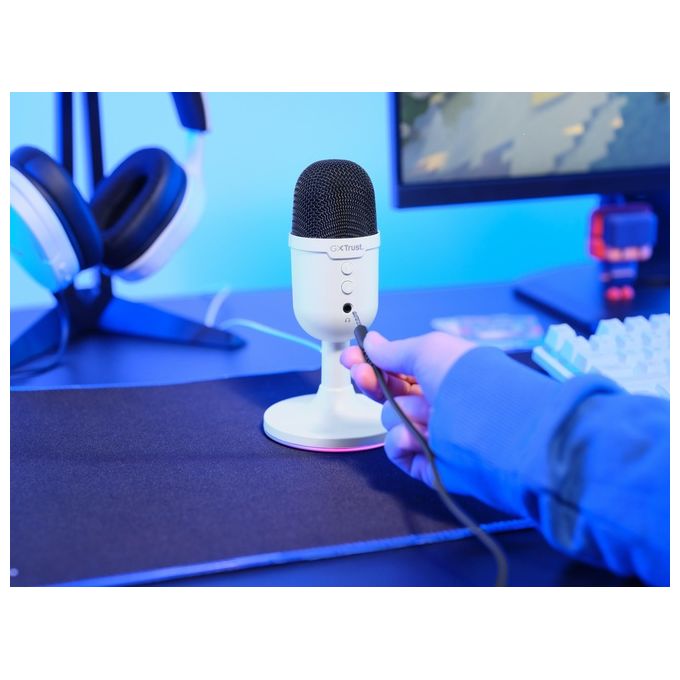 Trust S9913958 GXT 234W Yunix Microfono USB da Tavolo con Pattern Cardioide Filtro Pop Integrato e Illuminazione RGB Uscita Cuffie Pulsante Mute colore Bianco